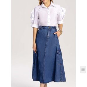Saia Jeans Longa Feminina com Bolsos