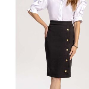 Saia Preta Midi Feminina Com Botões Frontais