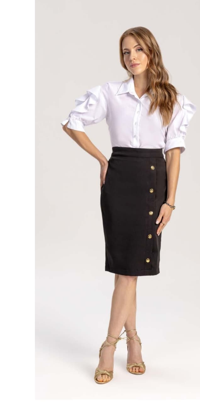 Saia Preta Midi Feminina Com Botões Frontais